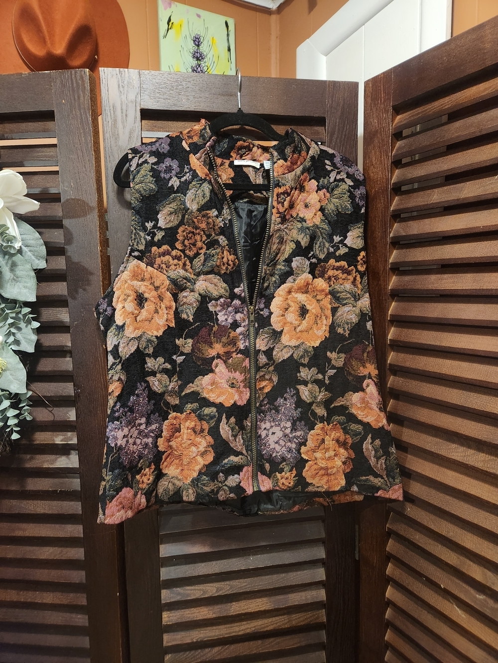 White Stag Black Quilted Vest with Orange Floral